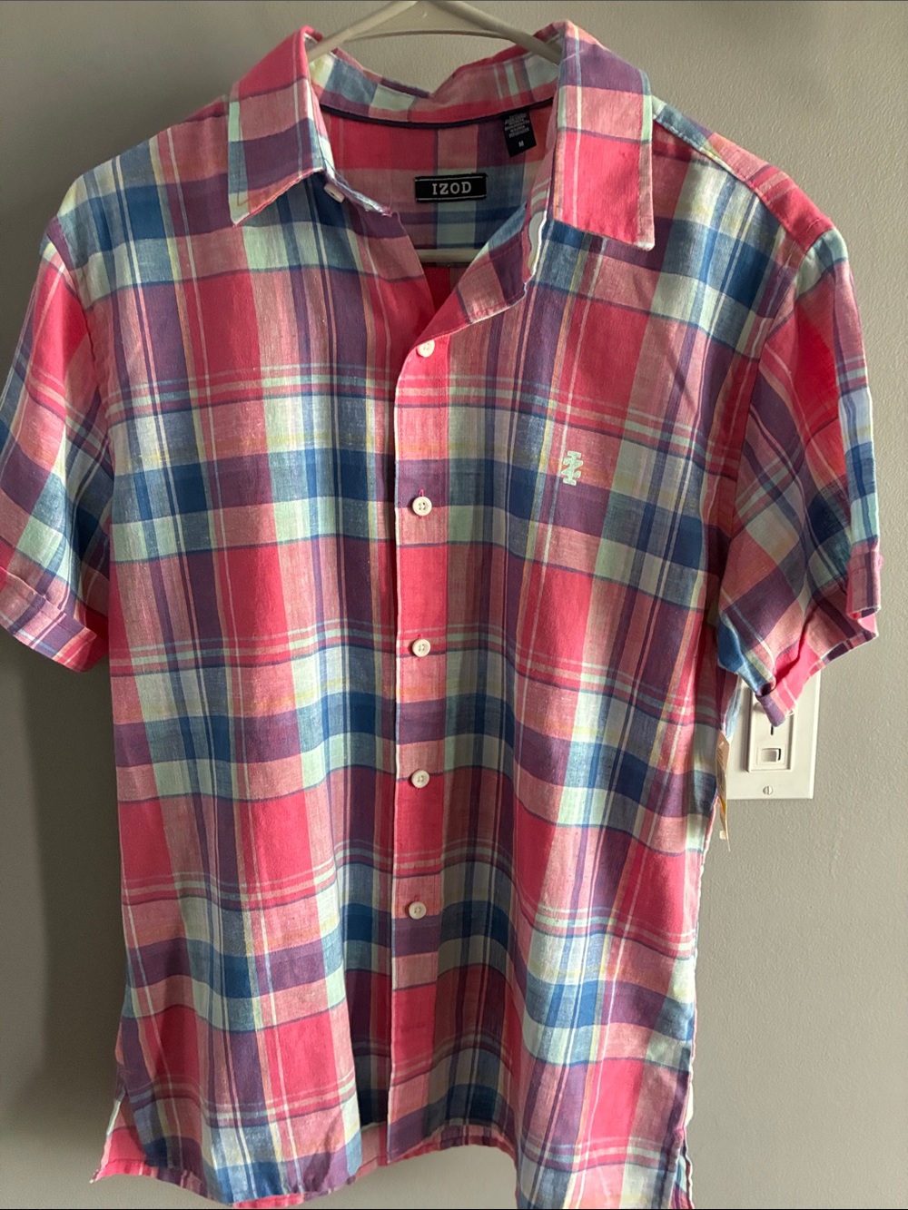 Izod Men’s Pink and Blue Plaid Short Sleeve Button-Down Shirt